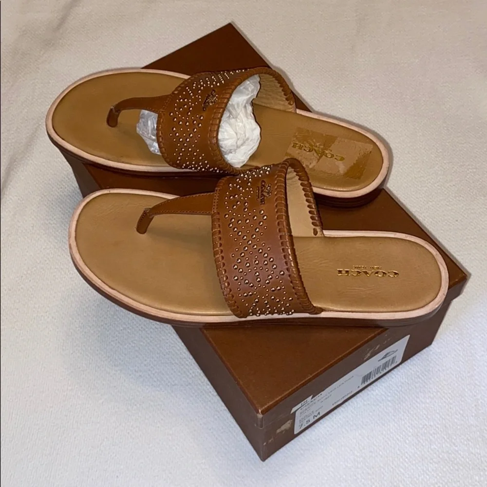 Coach Brown Studded Leather Toe-Post Sandals